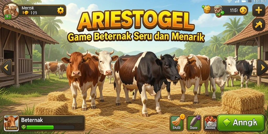 Antarmuka ARIESTOGEL menampilkan suasana peternakan yang hidup dan interaktif.