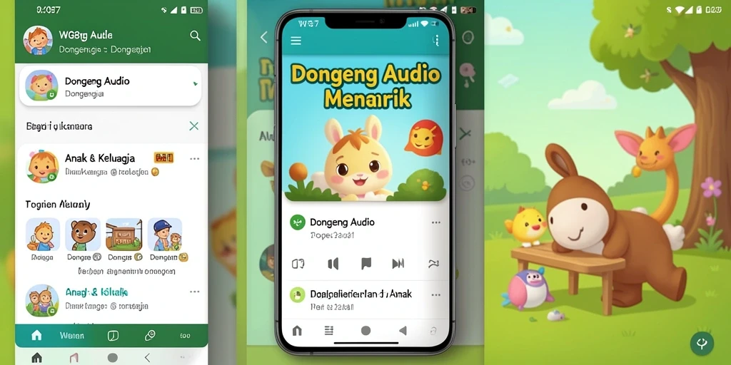 Tampilan antarmuka aplikasi WG87 yang ramah anak dengan berbagai pilihan dongeng.